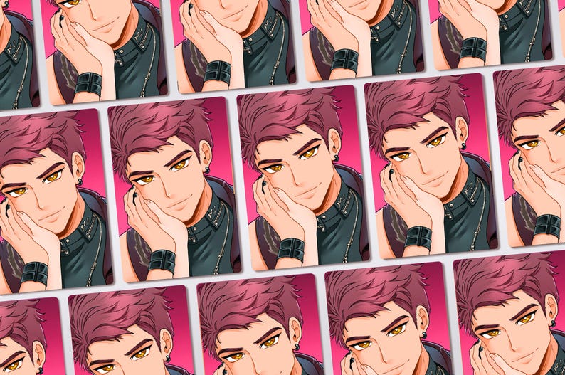 May include: A repeating pattern of rectangular cards featuring an anime-style illustration of a person with magenta hair and amber eyes. The person rests their chin on their hand, wearing a black sleeveless top, a black wristband, and a silver chain.