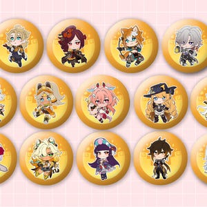 May include: A collection of thirteen circular pin-back buttons featuring colorful chibi-style anime characters. Each button has a solid yellow background with a subtle geometric pattern and a unique character illustration centered on the surface.