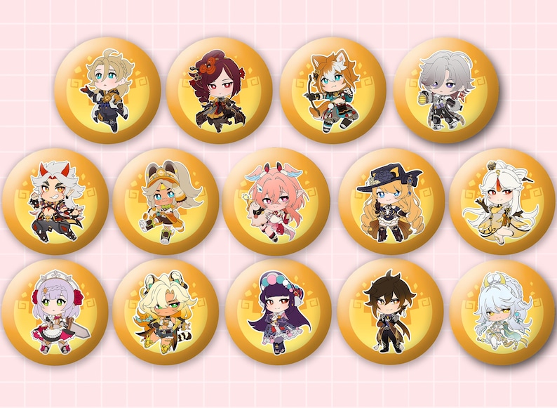 May include: A collection of thirteen circular pin-back buttons featuring colorful chibi-style anime characters. Each button has a solid yellow background with a subtle geometric pattern and a unique character illustration centered on the surface.