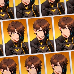 May include: A repeating pattern of rectangular cards featuring an anime-style character with brown hair, wearing black and yellow tactical armor. The character has a robotic hand covering one eye against a vibrant yellow and orange gradient background.