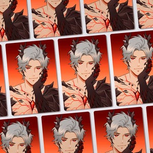 May include: A repeating pattern of rectangular cards featuring an anime-style character with silver hair, red eyes, and dark horns. The character has red vein-like markings on their chest, a red gemstone pendant, and wears a dark, textured garment.
