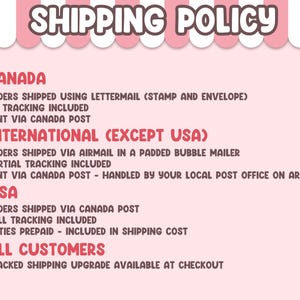 May include: A light pink informational graphic titled SHIPPING POLICY with a pink and white striped header. The text outlines shipping details for Canada, International, and USA customers, including tracking and carrier information for each region.