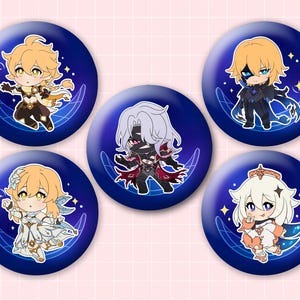 May include: Five circular pin-back buttons featuring chibi-style anime characters on a dark blue background with a glowing grid pattern. Each button displays a different character with distinct outfits, hair colors, and poses, accented by small yellow stars.