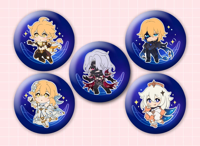 May include: Five circular pin-back buttons featuring chibi-style anime characters on a dark blue background with a glowing grid pattern. Each button displays a different character with distinct outfits, hair colors, and poses, accented by small yellow stars.