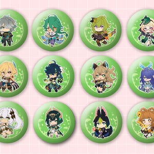 May include: A set of twelve circular pin-back buttons featuring chibi-style anime characters. Each button has a vibrant green background with a subtle white leaf pattern and a unique character illustration centered on the front of the pin.