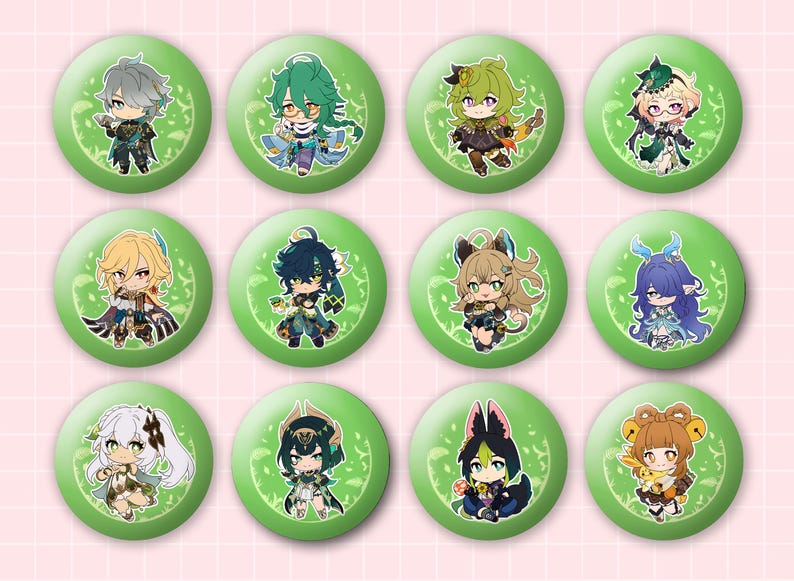 May include: A set of twelve circular pin-back buttons featuring chibi-style anime characters. Each button has a vibrant green background with a subtle white leaf pattern and a unique character illustration centered on the front of the pin.