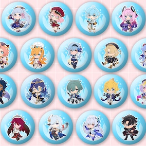 May include: A collection of seventeen circular pin-back buttons, each featuring a unique chibi-style anime character illustration. The buttons have a light blue background with a subtle white flame pattern and are arranged in a grid formation.