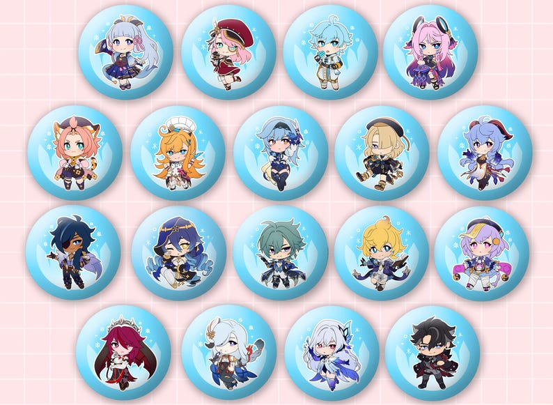 May include: A collection of seventeen circular pin-back buttons, each featuring a unique chibi-style anime character illustration. The buttons have a light blue background with a subtle white flame pattern and are arranged in a grid formation.