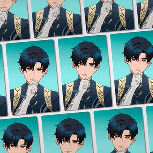 May include: A repeating pattern of rectangular cards featuring an anime-style illustration of a character with dark blue hair, brown eyes, and a hand resting near their chin. The character wears a dark blue high-collared garment with gold accents.