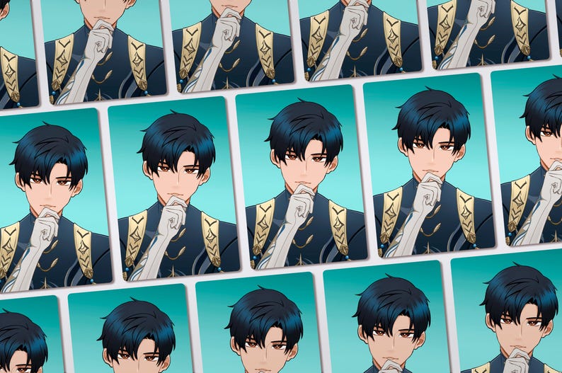 May include: A repeating pattern of rectangular cards featuring an anime-style illustration of a character with dark blue hair, brown eyes, and a hand resting near their chin. The character wears a dark blue high-collared garment with gold accents.
