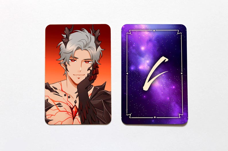 May include: Two rectangular cards. The left card features an anime-style character with silver hair, red eyes, and dark horns against an orange background. The right card displays a purple and blue galaxy pattern with a white stylized symbol in the center.