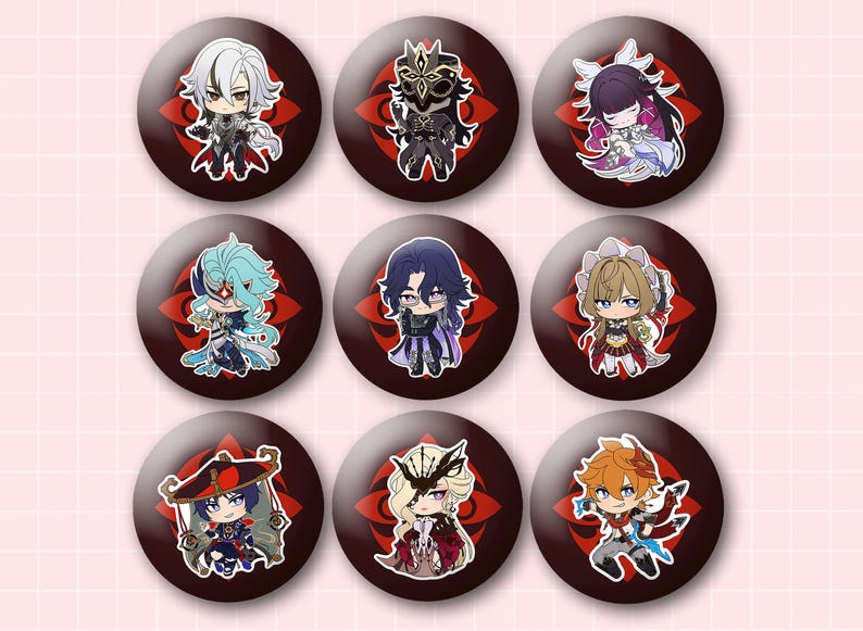 May include: A set of nine circular pin-back buttons featuring chibi-style anime characters. Each button has a dark red background with a black floral-like emblem. The characters display various outfits and hairstyles in a colorful, illustrated design.