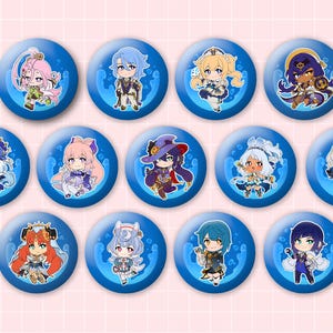 May include: A collection of twelve circular pin-back buttons, each featuring a unique chibi-style anime character illustration set against a vibrant blue background with subtle water droplet graphics and a glossy finish on the surface.