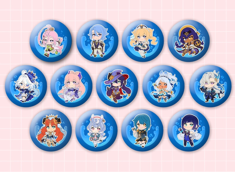 May include: A collection of twelve circular pin-back buttons, each featuring a unique chibi-style anime character illustration set against a vibrant blue background with subtle water droplet graphics and a glossy finish on the surface.