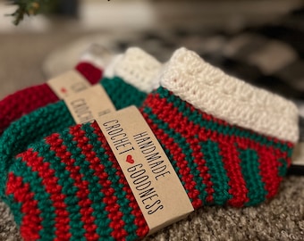 Cozy Christmas Crochet Slipper Socks, Women’s Holiday House Slippers, Handmade Red & Green Crochet Socks, stocking stuffer