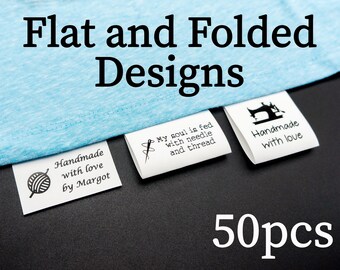 50 Flat or Folded Nylon Fabric Labels for Handmade Items Custom Logo Fold Over Tags Wash Sew In Care Labels for Clothing Labels Folded Tags