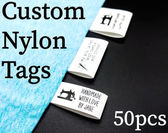 May include: Fifty white nylon tags with black text. The tags feature a sewing machine, a needle and thread, and the text "Handmade with Love by Jane".