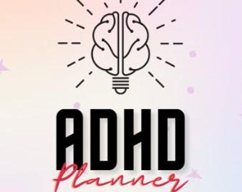May include: A black and white illustration of a brain with a light bulb inside, surrounded by rays of light. The text "ADHD Planner" is below the illustration, with "ADHD" in black and "Planner" in red.