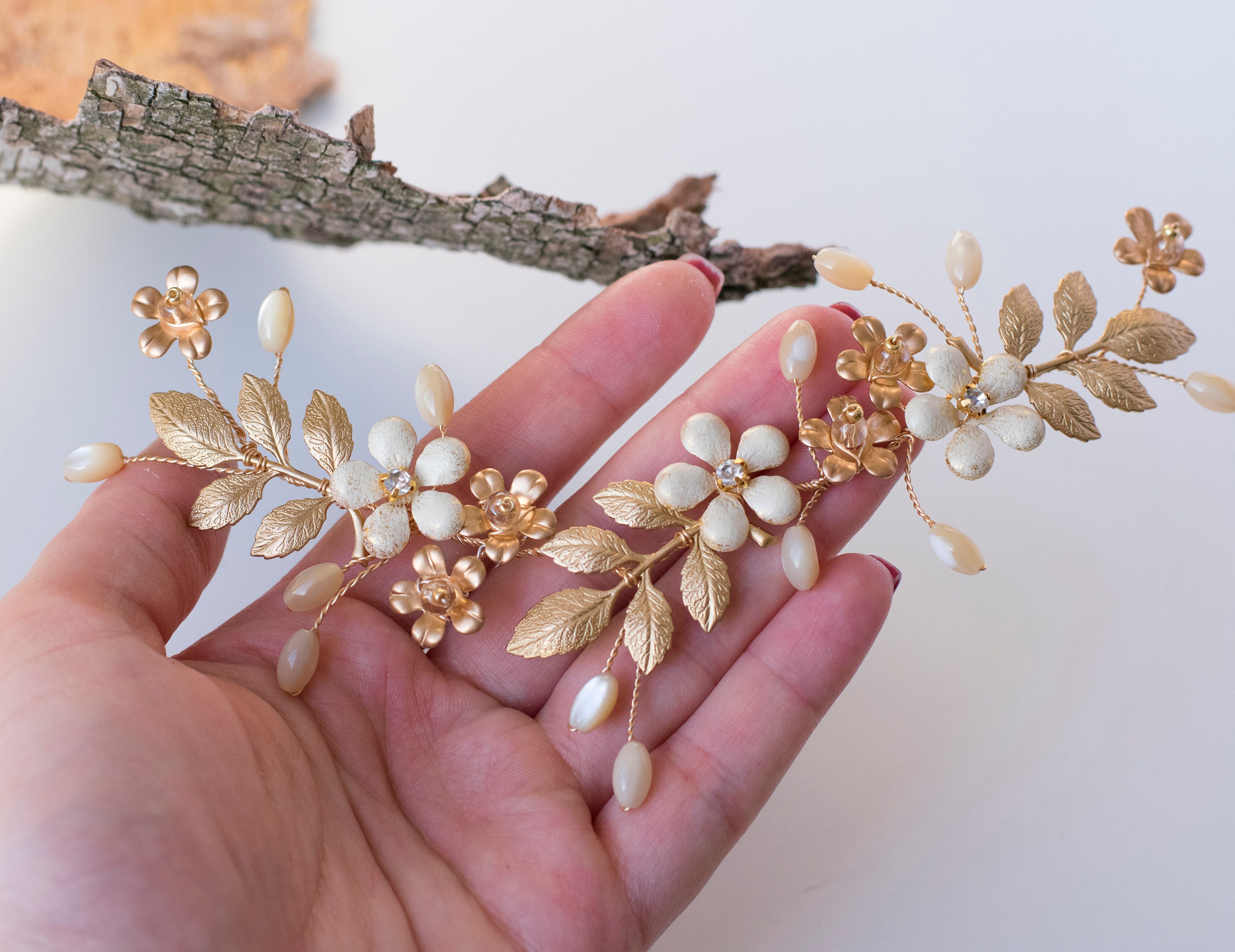 Bride flower hair piece Gold floral headpiece Flower hair Etsy
