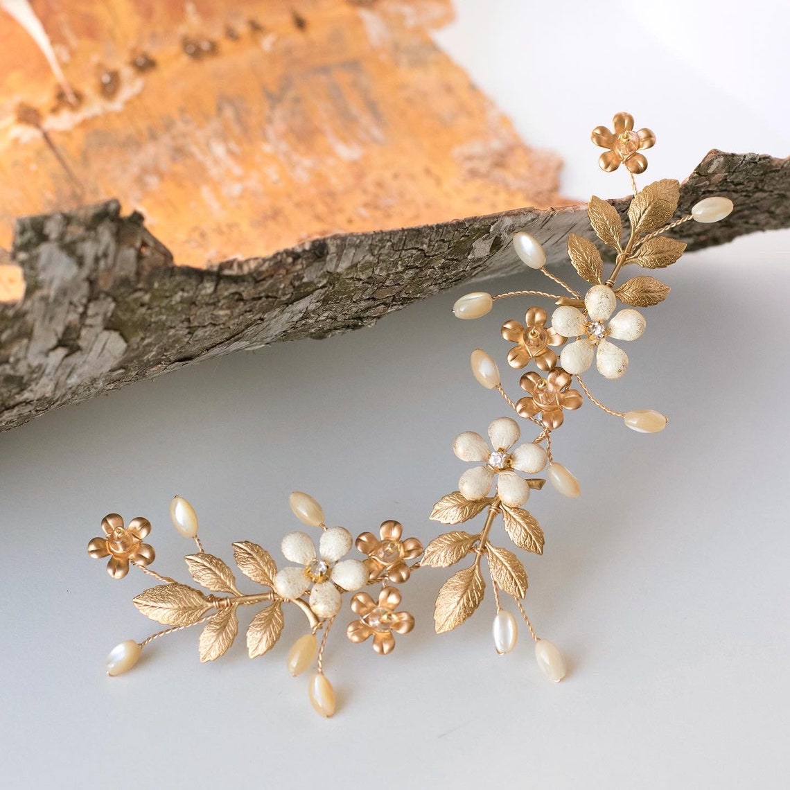 Bride flower hair piece Gold floral headpiece Flower hair Etsy