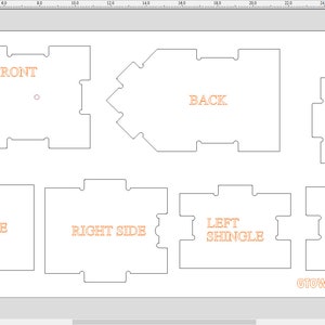 Puede incluir: Diagrama que muestra las diferentes piezas necesarias para construir una maqueta de casa. Las piezas est&aacute;n etiquetadas como "Frente", "Espalda", "Fondo", "Lado izquierdo", "Lado derecho", "Teja izquierda" y "Teja derecha". El texto "GTOWN CREATIVE 2022" est&aacute; en la parte inferior del diagrama.