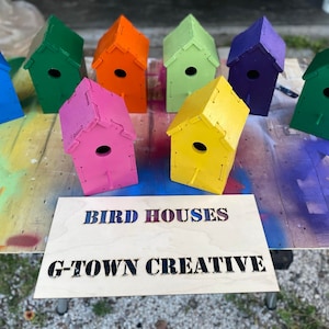 Puede incluir: Una colecci&oacute;n de ocho casas para p&aacute;jaros coloridas, pintadas en tonos de azul, verde, naranja, rosa, amarillo y morado. Las casas para p&aacute;jaros est&aacute;n dispuestas sobre una superficie de madera con un letrero que dice "BIRD HOUSES G-TOWN CREATIVE".
