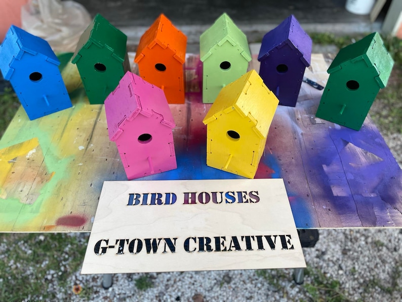 Puede incluir: Una colecci&oacute;n de ocho casas para p&aacute;jaros coloridas, pintadas en tonos de azul, verde, naranja, rosa, amarillo y morado. Las casas para p&aacute;jaros est&aacute;n dispuestas sobre una superficie de madera con un letrero que dice "BIRD HOUSES G-TOWN CREATIVE".