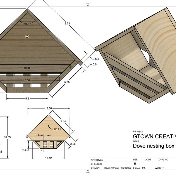 Nesting Box Plans, Dove Nesting Box, Birdhouse Plans, Fusion 360 Model, Build Drawing, Garden Birdhouse, Garden Gift, Birder Gift