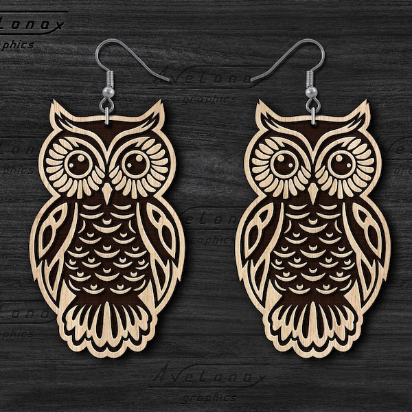 Owl Earrings svg, Owl svg cut file, Owl pendant dxf, Thank you tag svg, Cute owl png, Owl keychain laser cut file,  Owl wood earring svg