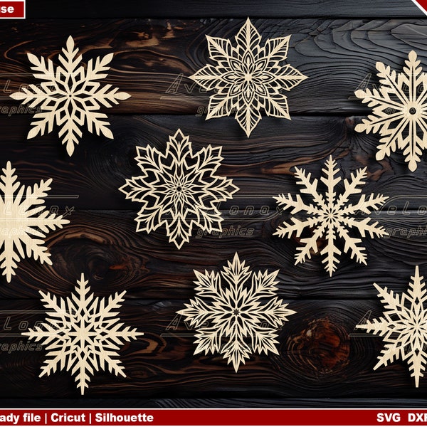 Christmas Snowflakes laser cut svg Bundle, 9 Snowflake designs Svg, Christmas tree ornaments cut files, Christmas Ornaments Svg