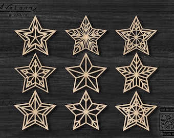 Christmas STARS laser cut svg Bundle, 9 Star designs Svg, Christmas tree ornaments cut files