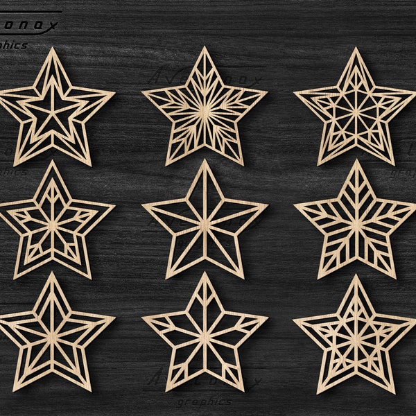 Christmas STARS laser cut svg Bundle, 9 Star designs Svg, Christmas tree ornaments cut files