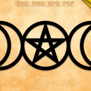 Triple Moon Pentagram svg, Triple moon goddess cut file,  Pentacle svg, Wiccan, Pagan, Wicca png