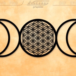 Triple moon Flower of life svg, Heilige Geometrie muur kunst svg, Wiccan Symbolen laser cut bestand, Crescent Moon laser cut bestand