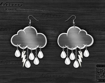 Cloud earrings laser cut file, Dangle rain cloud earrings svg, Raindrop earrings template, Lightning bolt earrings Cricut, Weather jewelry