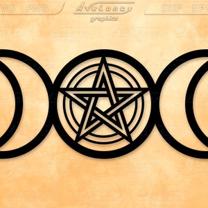 Pentacle svg, Witchy altar svg, Wiccan Pagan wall decor svg, Crescent Triple moon Spiral goddess png, Pentagram laser cut file, Gothic decor