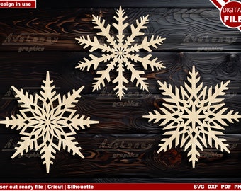 Unique Snowflakes laser cut svg Bundle, 3 Snowflake designs Svg, Christmas tree ornaments cut files, Christmas Ornaments Svg