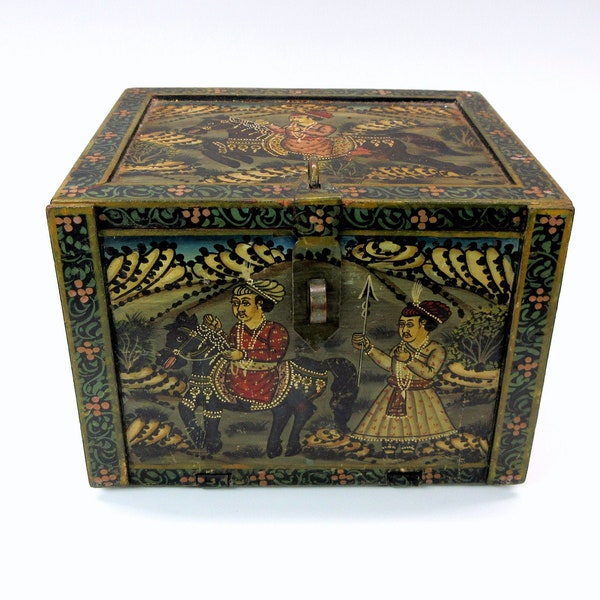 Antique painted Moghul Empire jewelry box with horse and tiger scenes