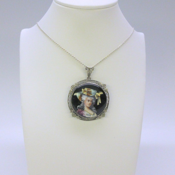 Large antique Limoges enamel portrait pendant in silver frame on chain