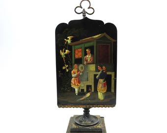 1800's antique painted tin toleware table candle lamp with Chinoiserie face screen #1