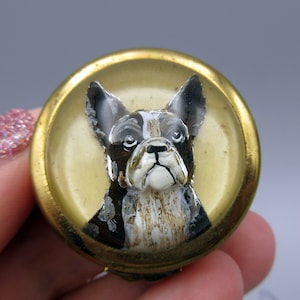 Antique pill box or Rouge pot with a large Essex Crystal of a French Bulldog