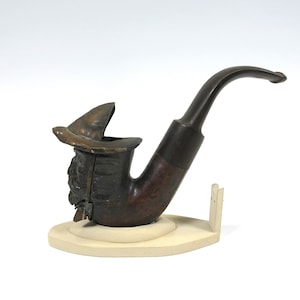 Strange antique carved wood and copper figural pipe Man with moustache and hat