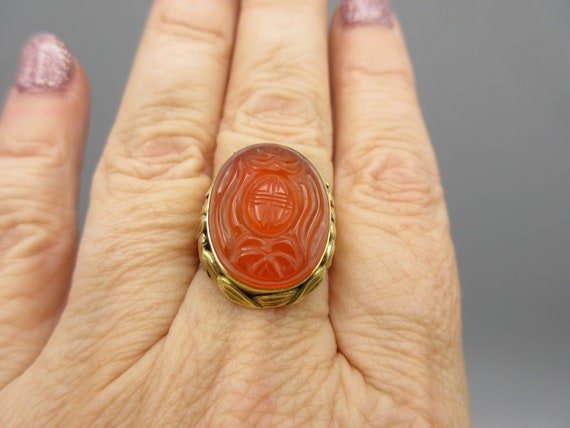 Antique Chinese 14k gold ring with carved Carneli… - image 9