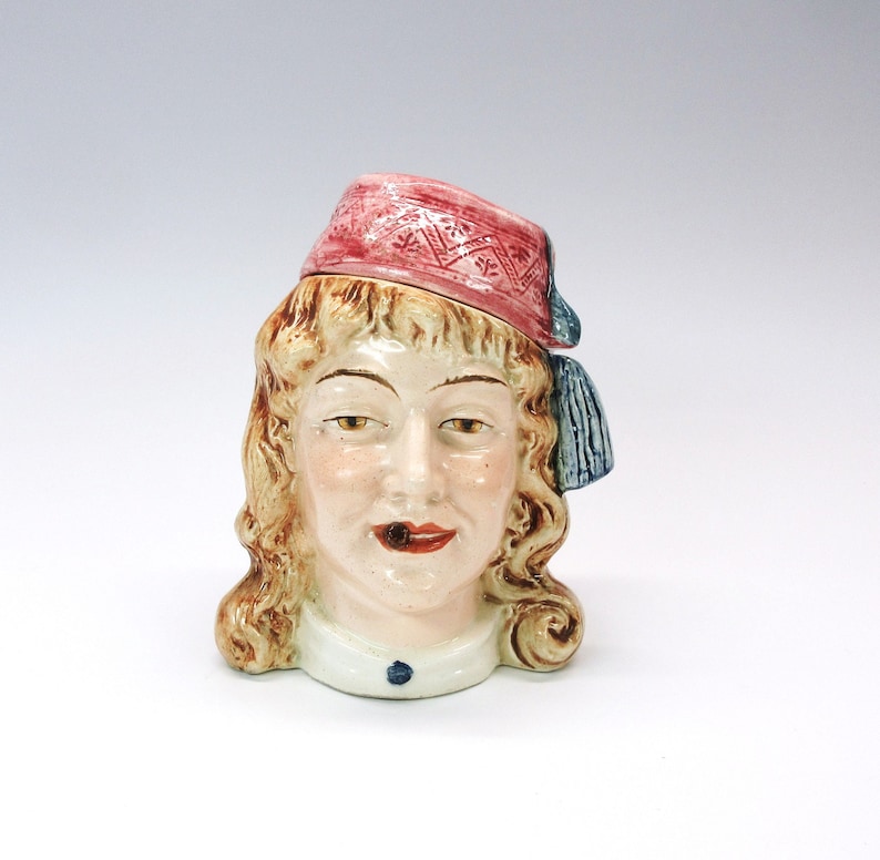 majolica tobacco jar Antique Figural Humidor #2 Woman With Cigar Wearing Fez Type Hat Lot - Majolica Tobacco Jar