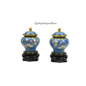 Pair of vintage Chinese cloisonne lidded vases with Cherry blossom and wood stands