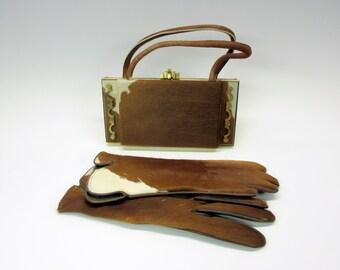Vintage 1940's Ladies hide pocket book purse with matching hide gloves
