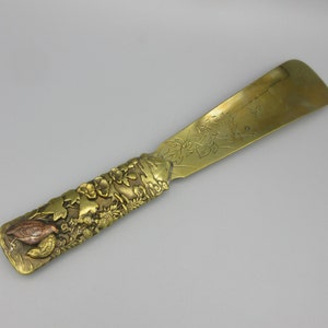 Antique Meiji Japanese mixed metals shoe horn with birds & Mt Fuji