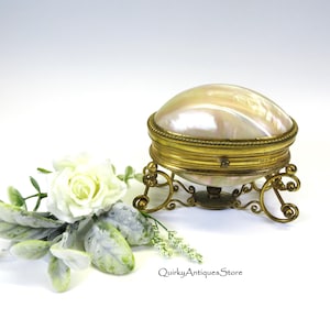May include: An antique jewelry box with a pearlescent shell-like lid and ornate brass base. The box is oval-shaped and sits on decorative scrolled legs. A small bouquet of white roses and greenery is to the left.