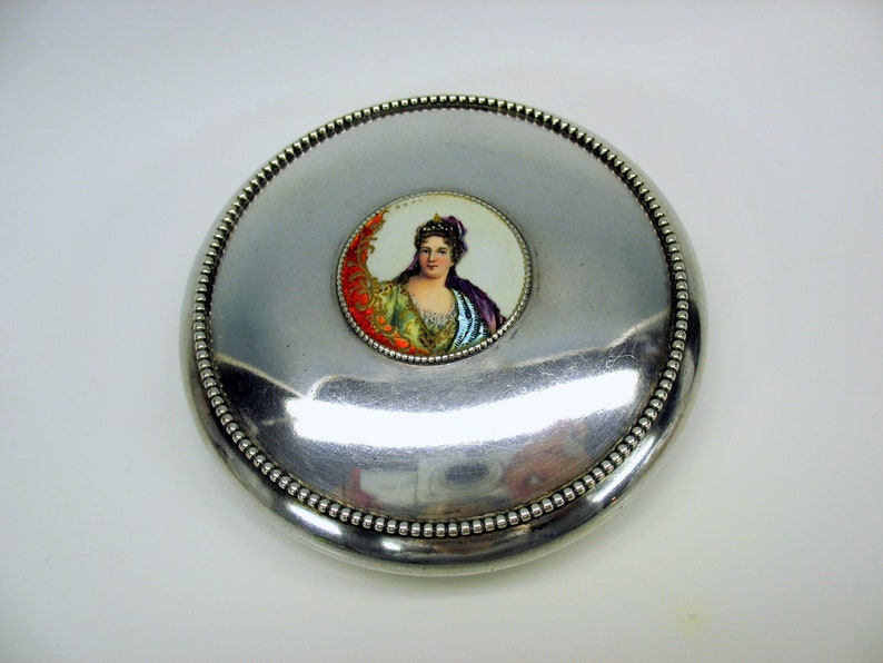 Antique Gorham sterling silver /& cut glass dresser jar box with enamel portrait