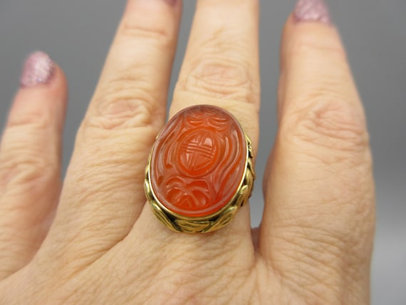 Antique Chinese 14k gold ring with carved Carneli… - image 7